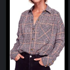 Free People Break My Stripe Plaid Button Down Shirt Size M